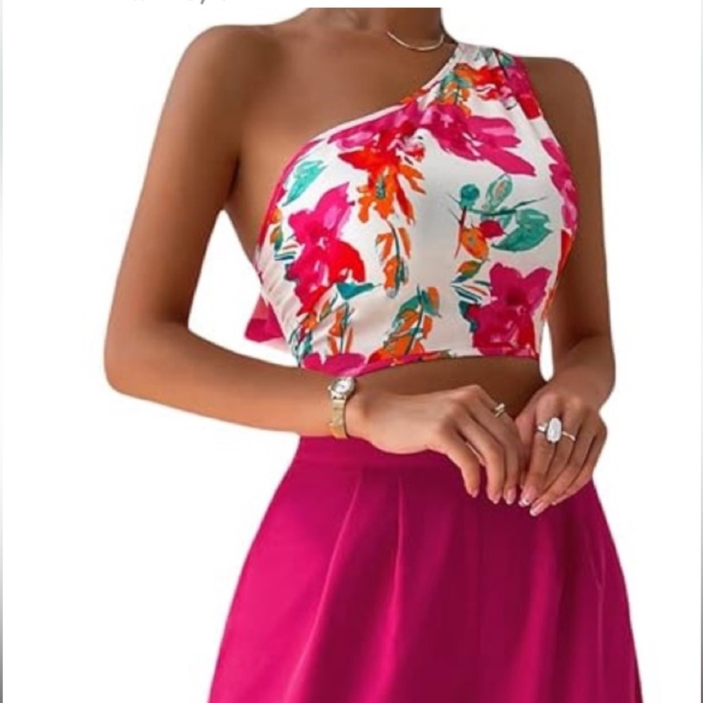 NWOT Floral One Shoulder Crop Top & High Waisted Wide Leg Pants Set Size Small